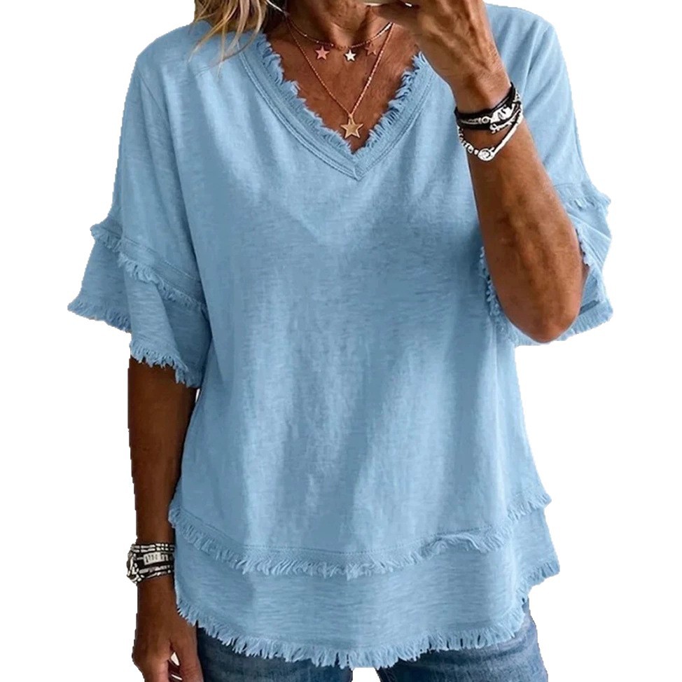 Women's Loose V-Neck Short Sleeve Frayed Trim Patchwork Top