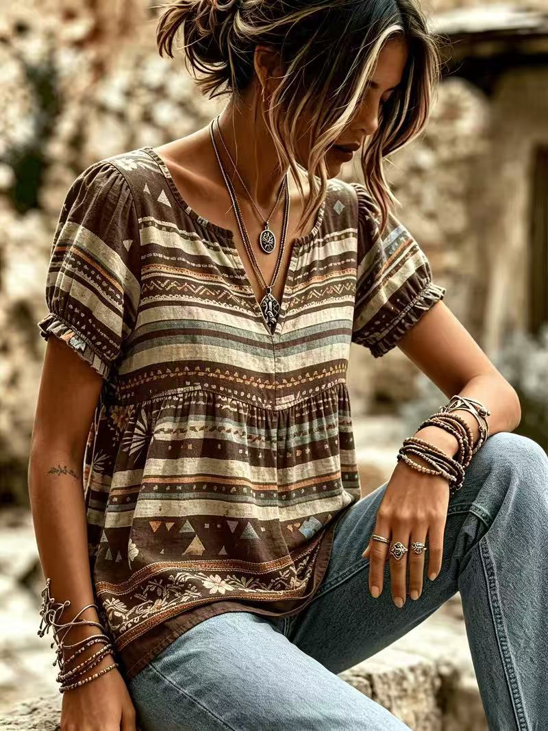 Floral Tribal Print Short Sleeve V-Neck Top