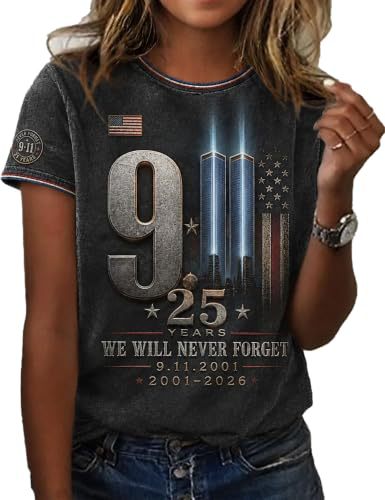 American Flag 911 Twin Towers Print Short Sleeve T-Shirt