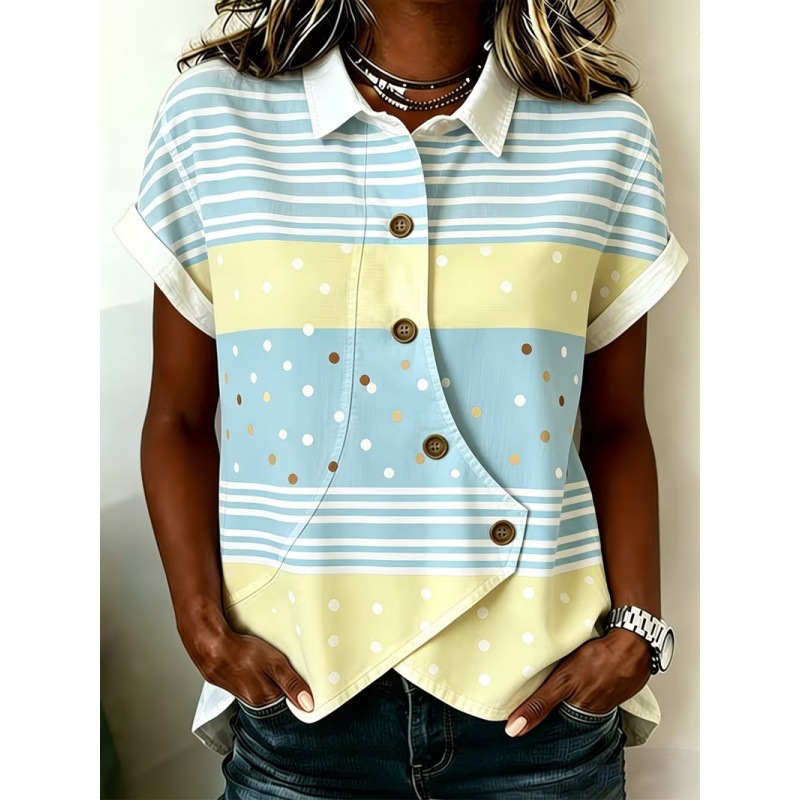 Women's Floral Striped Print Short Sleeve Asymmetric Blouse