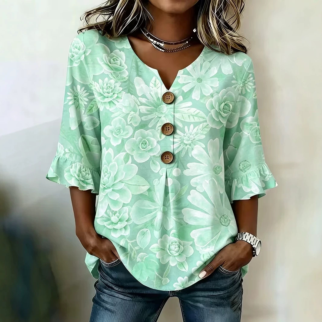 Floral Print Rolled-Sleeve Button-Up Women's Top