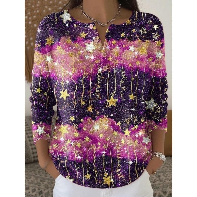 Women's Retro 3D Digital Print Four-Button Stand Collar T-Shirt