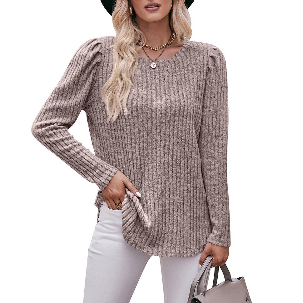 Women's Crewneck Puff Sleeve Ribbed Brushed Solid Color Long Sleeve Top