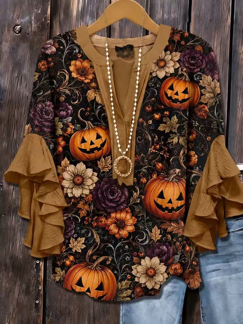 Halloween Evil Pumpkin Smiley Face Floral Print Short Sleeve Top