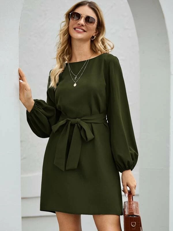 Solid Color Long Sleeve High Waist Midi Dress for Women