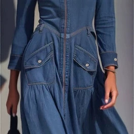 Retro Western Washed Denim Long-Sleeve Utility Pocket Shirt Dress