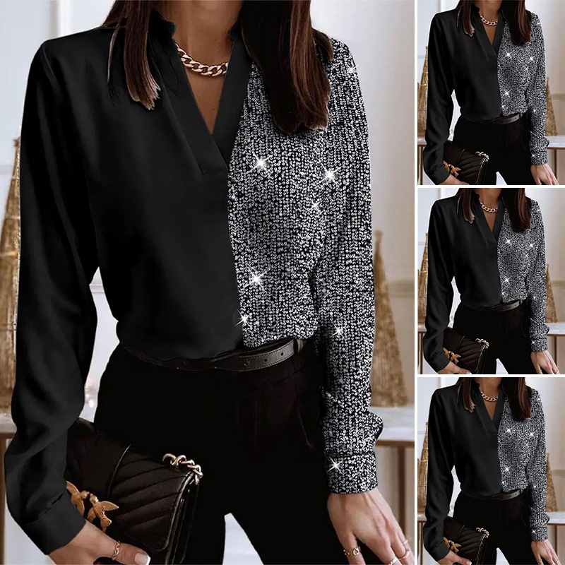 Women's V-Neck Long Sleeve Rhinestone Top