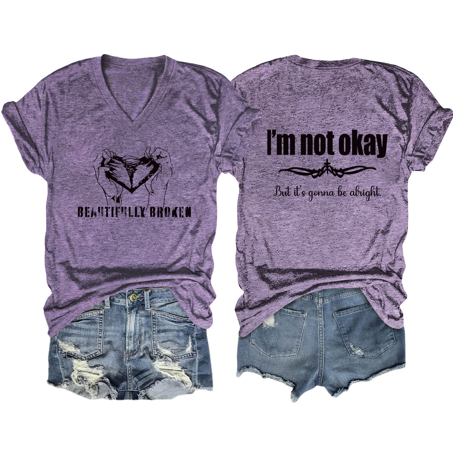 Women's Summer Heart Print V-Neck Short Sleeve T-Shirt