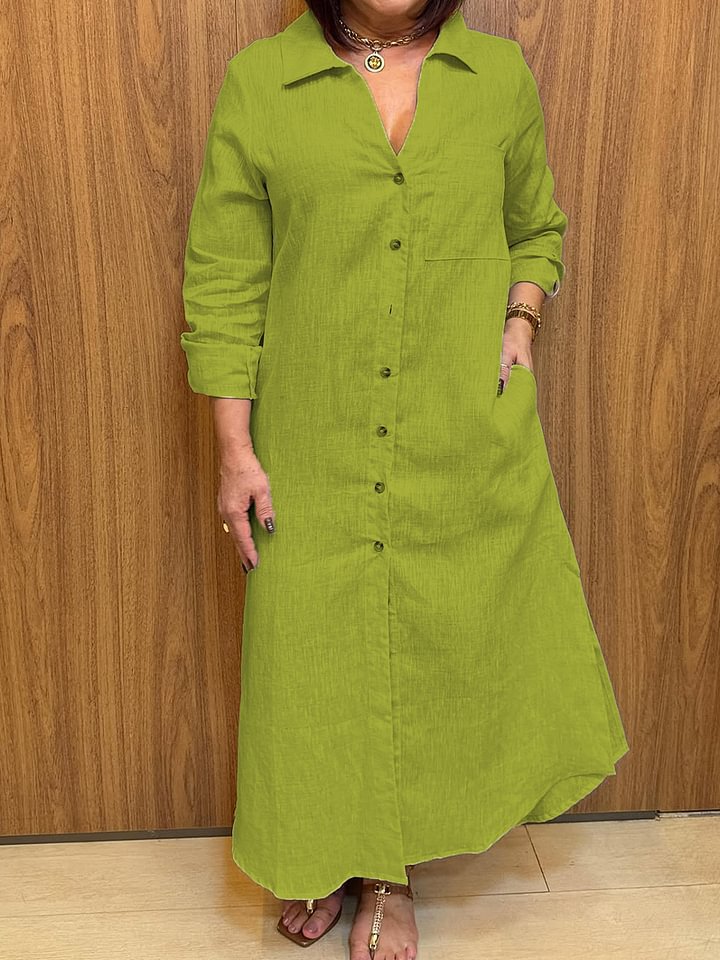 Women's Solid Loose Long Sleeve Shirt Dress Linen Blend