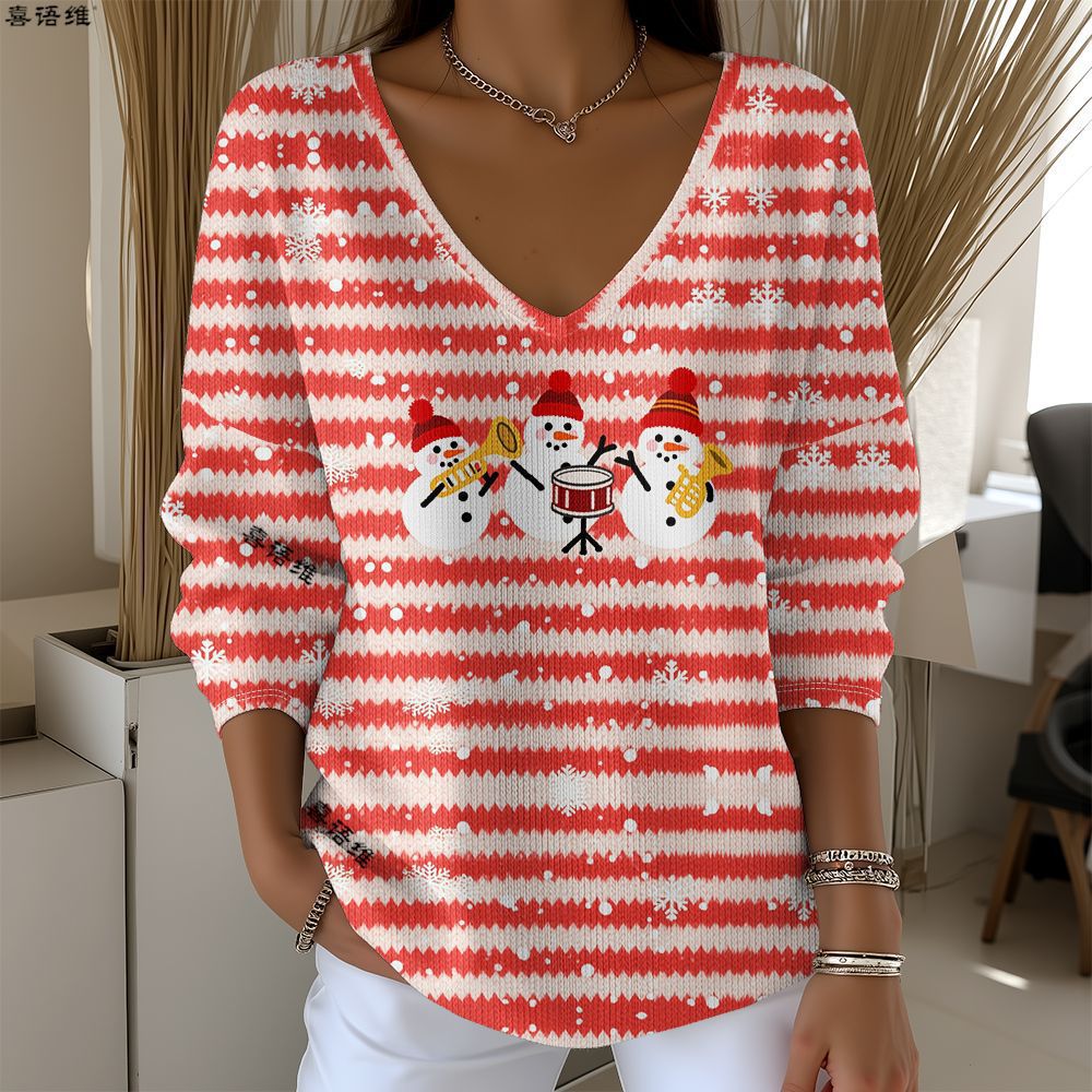 Christmas Snowman Reindeer Bow Print V-Neck Long Sleeve T-Shirt