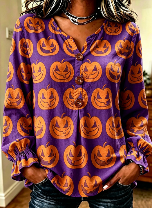 Women's Halloween Pumpkin Print Button Long Sleeve Shirt