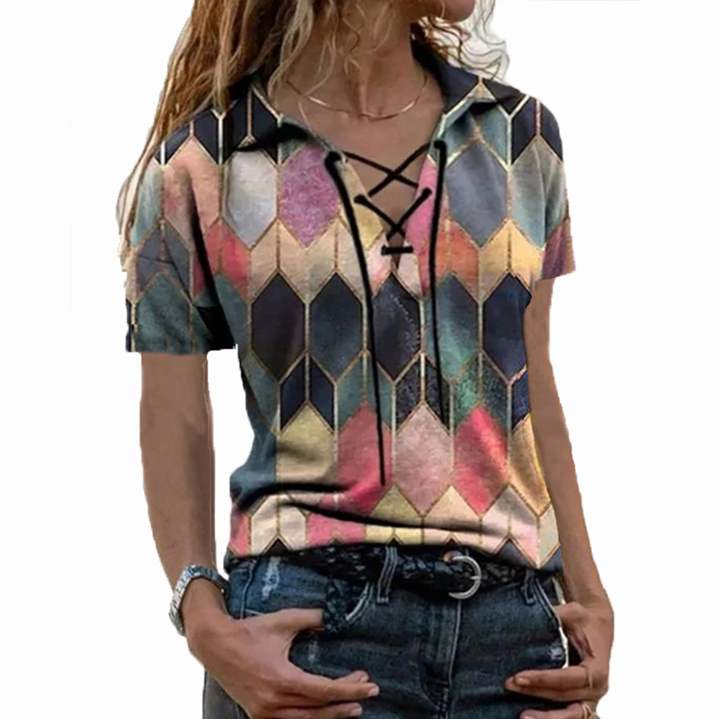Women's Casual Loose Printed Short Sleeve Tie V-Neck T-Shirt