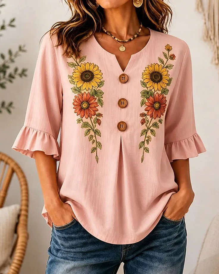 Floral Print Rolled Sleeve Button-Up Women's Top