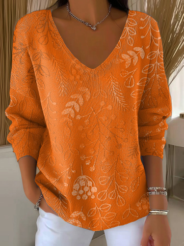 Maple Leaf Print V-Neck Long Sleeve T-Shirt