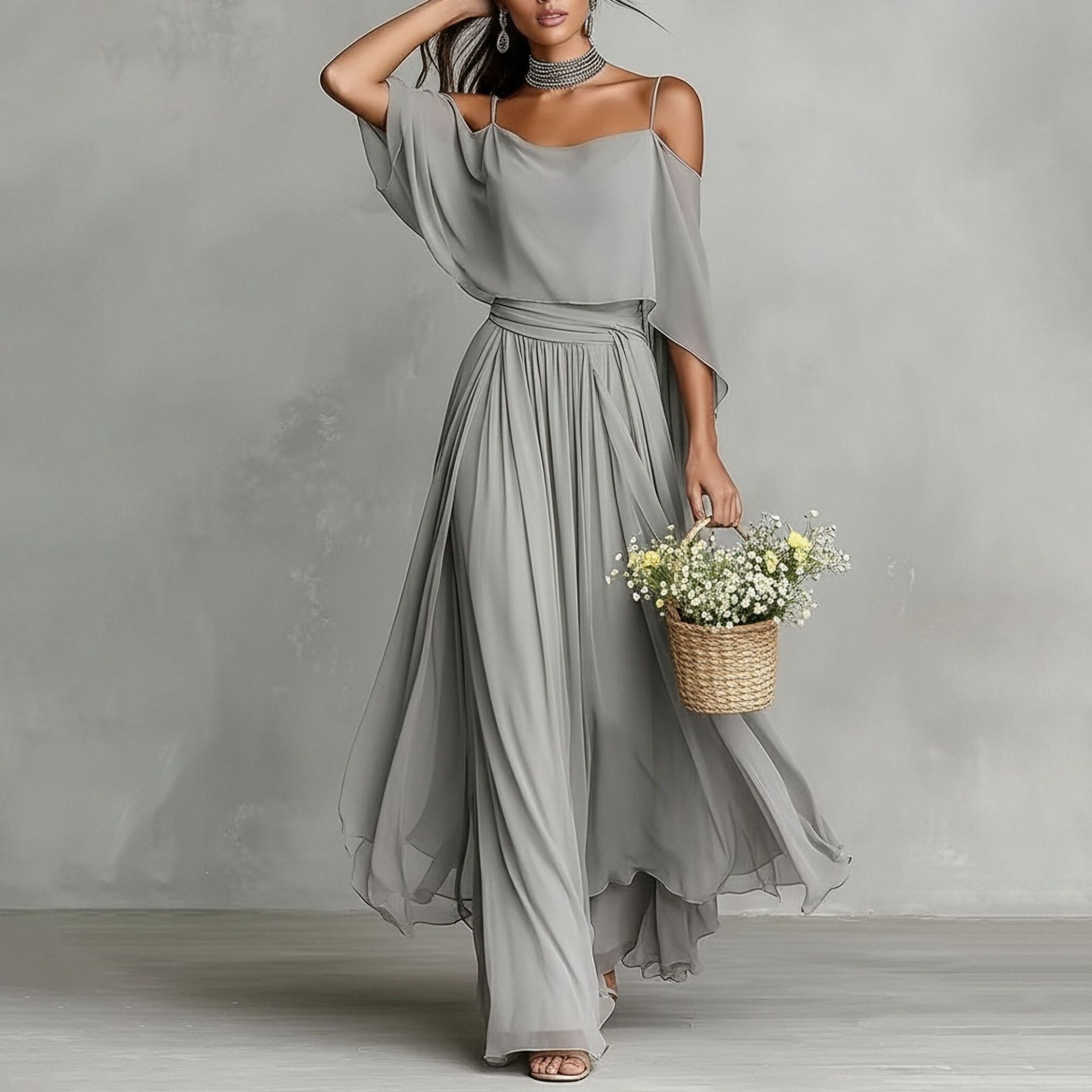 Women's Solid Color Tulle Pleated Cami Long Dress