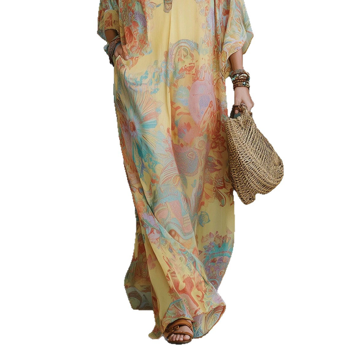 Floral Print Boho Maxi Dress Long Sleeve Deep V-Neck A-Line