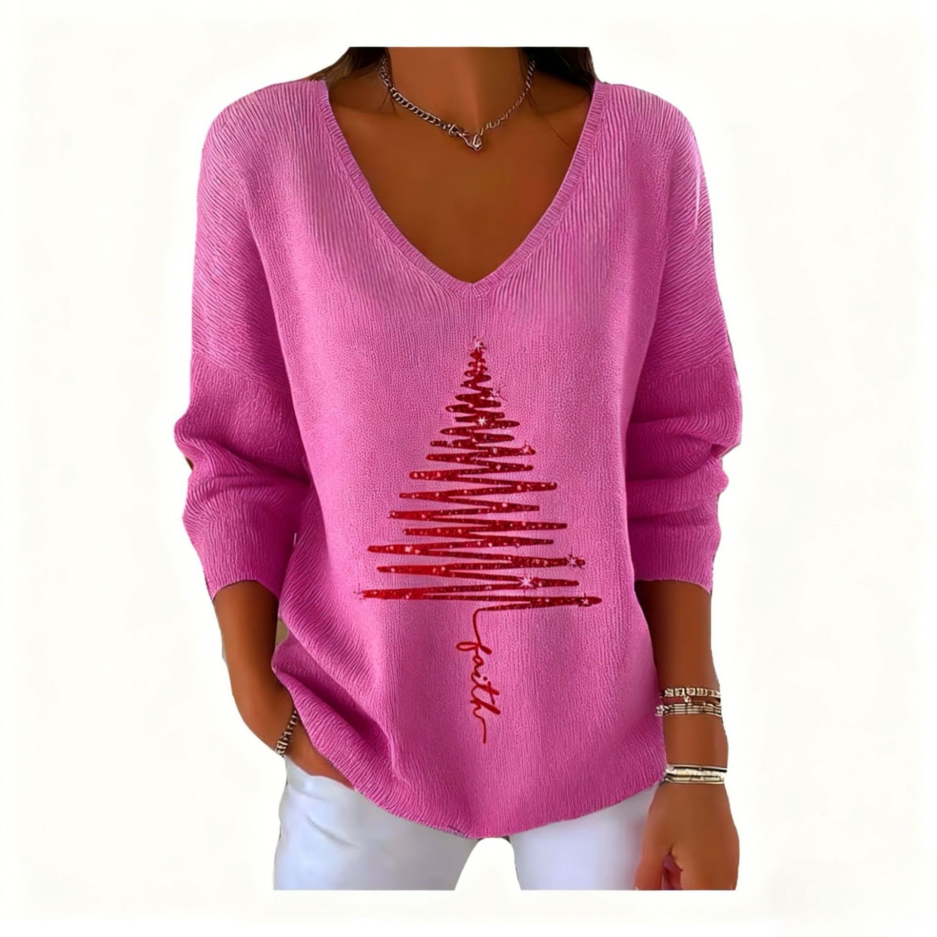 Women's V-Neck Long Sleeve Book & Christmas Tree Print T-Shirt