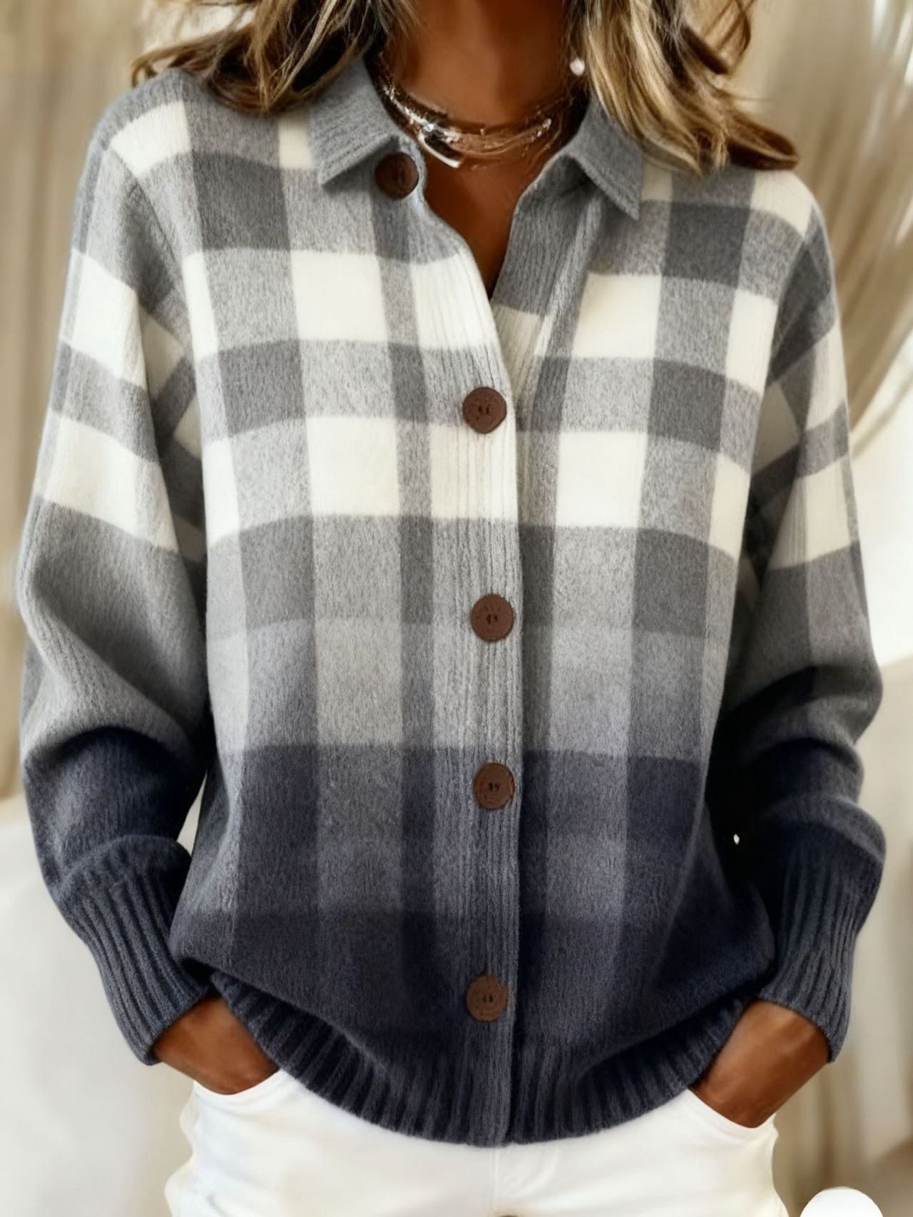 Women's Unique Plaid Print Long Sleeve Button-Up Shirt