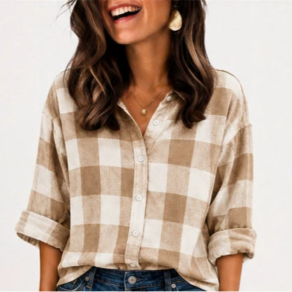 2026 Cross-Border Autumn Winter Women's Blue Large Plaid Loose Long Sleeve Shirt Casual Lapel Cardigan Top