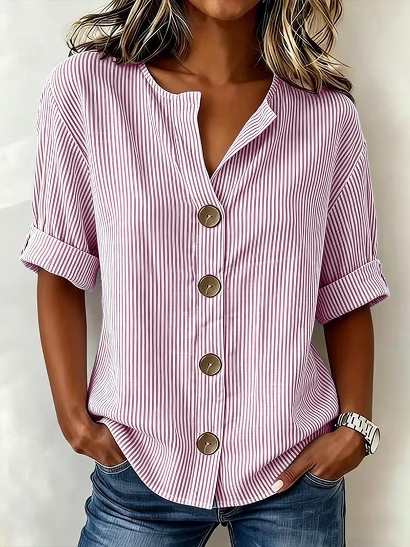 Women's Retro Striped Print Mid-Sleeve Blouse