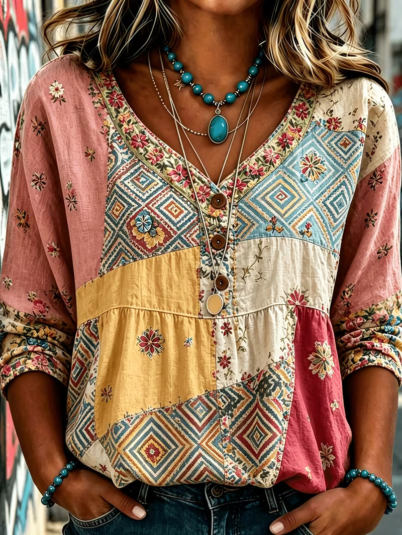 Women's Unique Print V-Neck Button Long-Sleeve Shirt