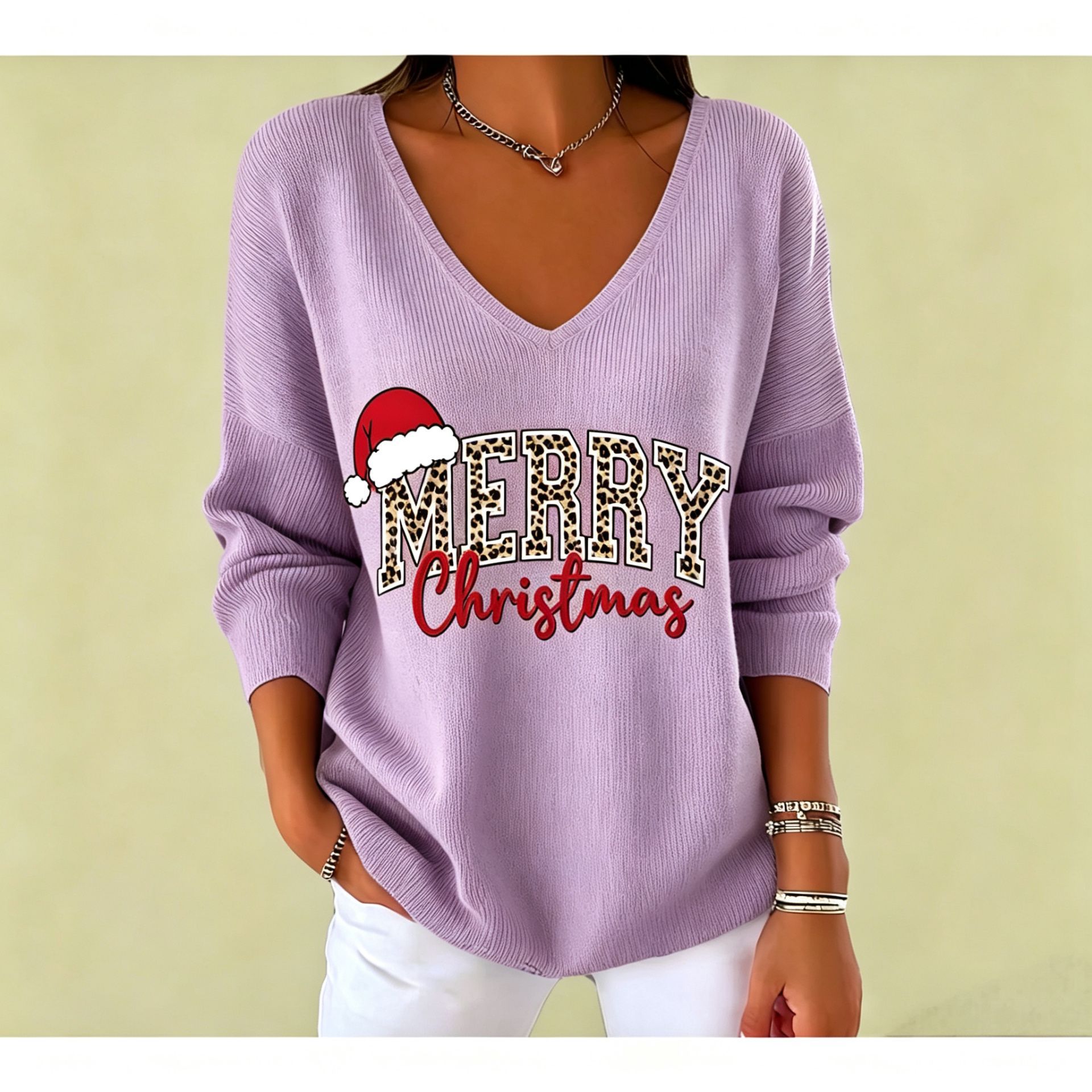 Christmas Letter Print V-Neck Long Sleeve Women's T-Shirt