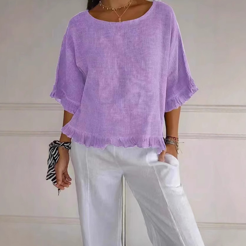 Women's Summer Short Sleeve Crew Neck Cotton Linen Solid Color Loose Shirt