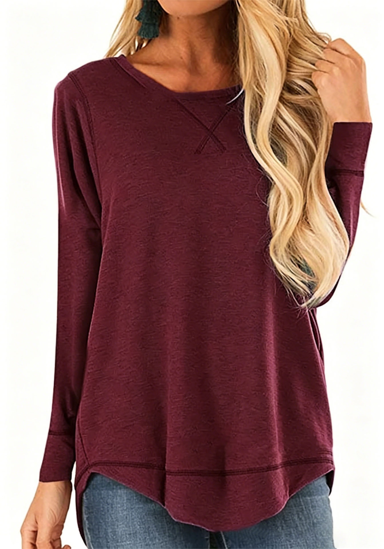 Women's Crewneck Long Sleeve T-Shirt Solid Loose High-Low Hem Casual Top