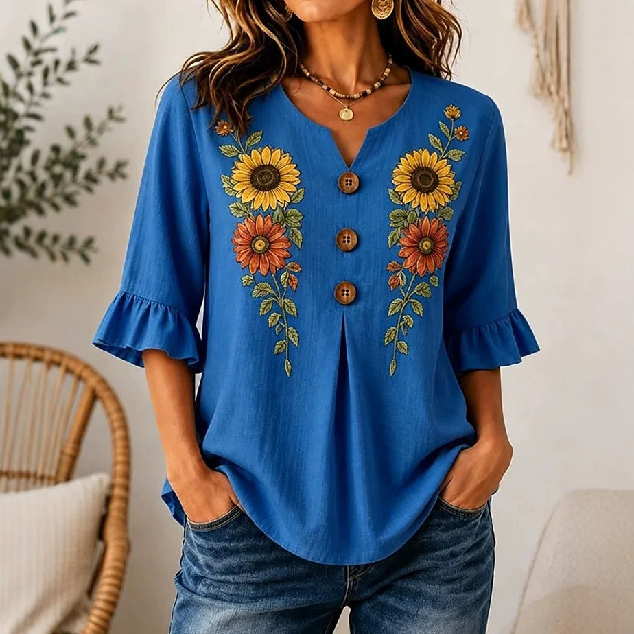 Floral Print Rolled Sleeve Button-Up Women's Top