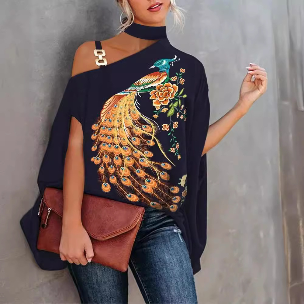 Women's Summer Halter Neck Batwing Sleeve Printed Shirt