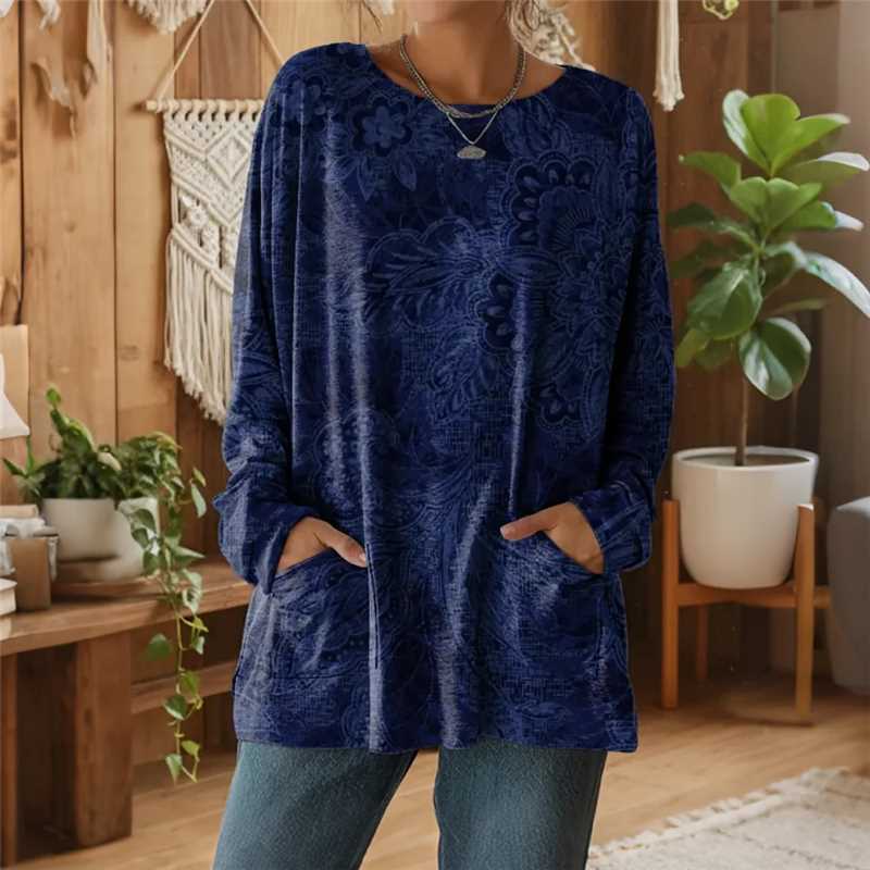 Women's Animal Print A-Line Midi Dress Long Sleeve Crew Neck Casual