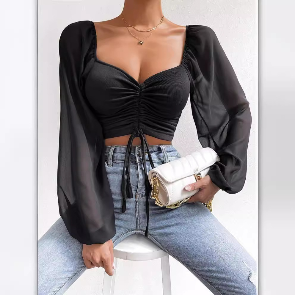V-Neck Chiffon Drawstring Lantern Sleeve Slim Fit Blouse