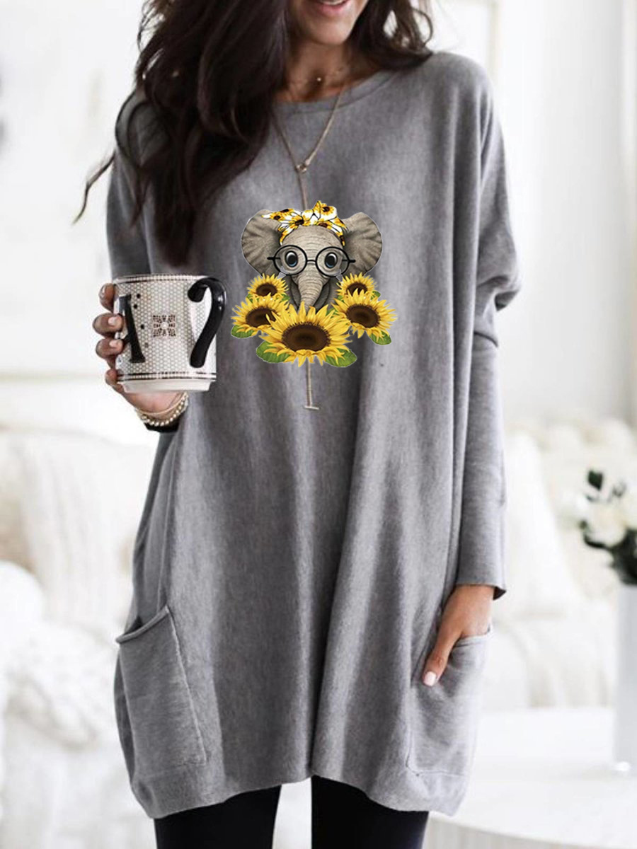Women's Long Sleeve Loose Crewneck Elephant Print Pocket T-Shirt