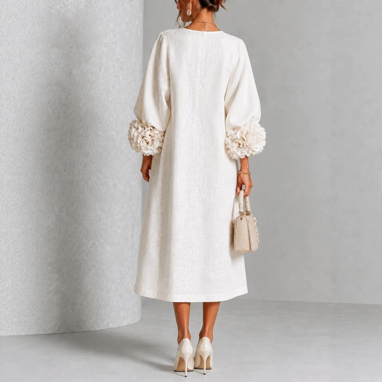 Elegant Floral Sleeve Cotton-Linen Midi Dress