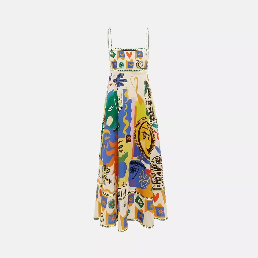 Women's Oil Painting Print Cami Dress Open Back Flowy Maxi