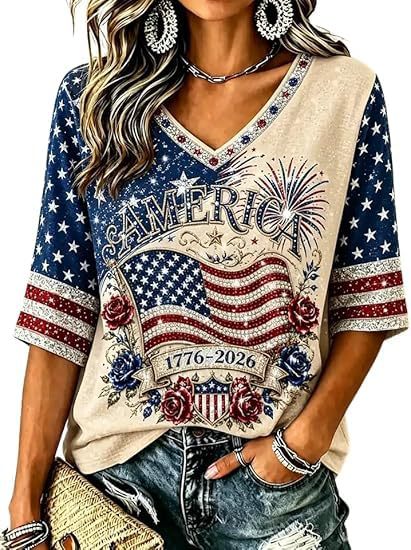 Women's American Flag Firework Print V-Neck Short Sleeve T-Shirt