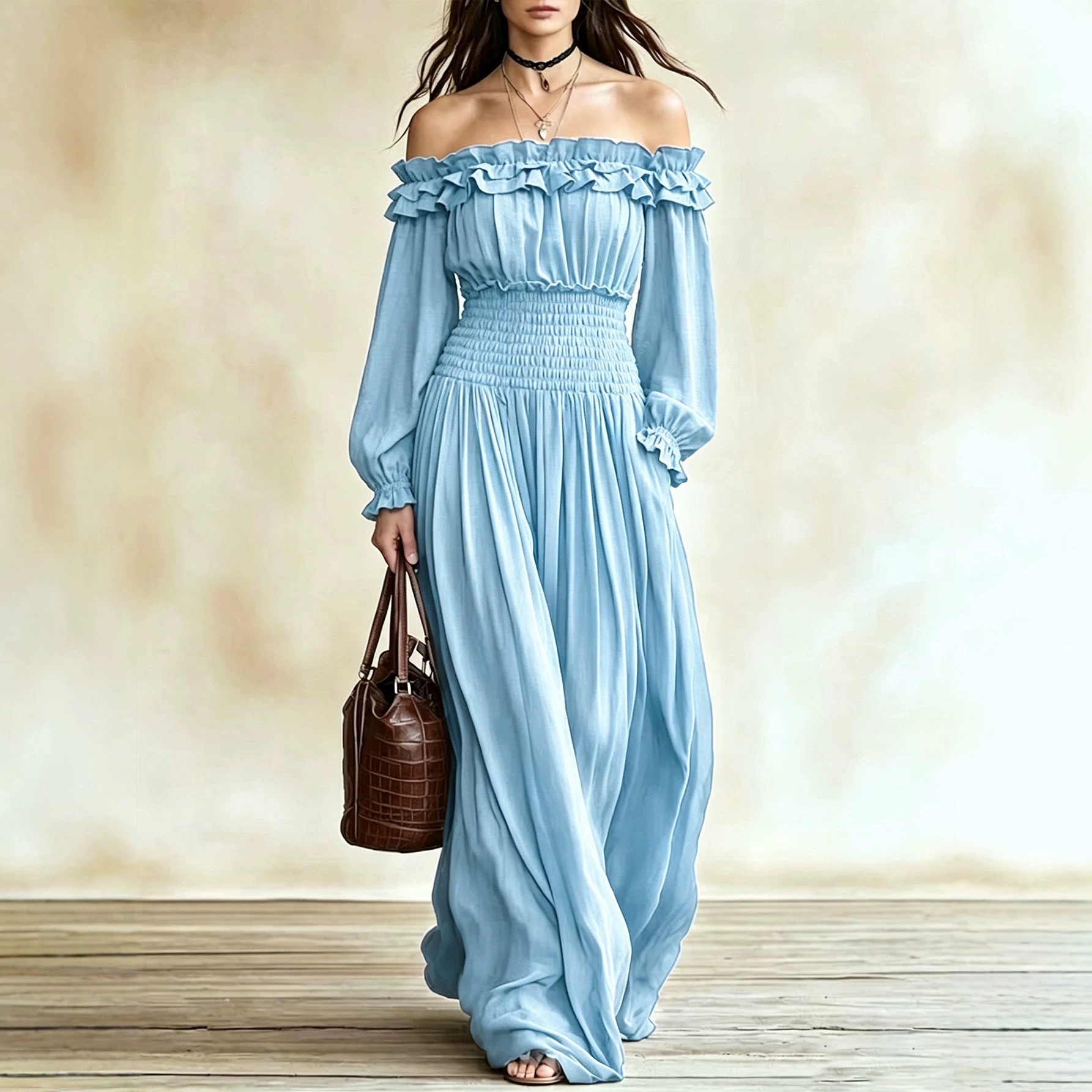 Women's Off-Shoulder Ruffle Long Sleeve Waist-Cinching Midi Dress