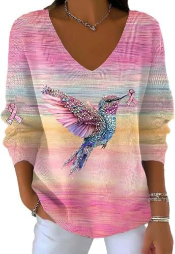 Women's Bird Ribbon Print V-Neck Long Sleeve T-Shirt
