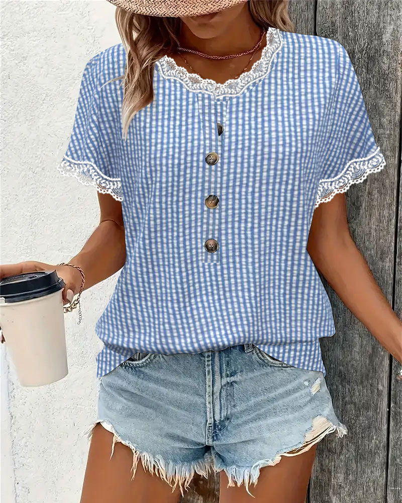 Women's Striped Lace-Trim Round Neck Blouse