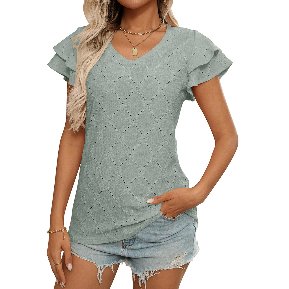 Women's V-Neck Hollow-Out Short Sleeve T-Shirt