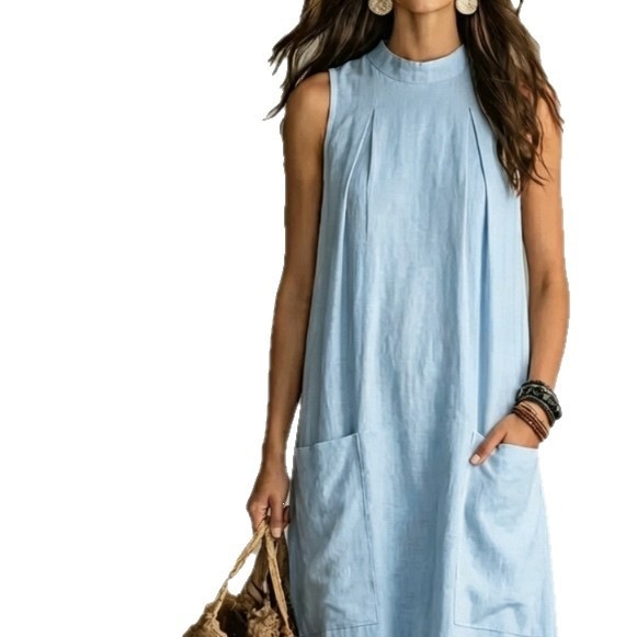 Retro Cotton-Linen Sleeveless Maxi Dress Solid Loose Flowy