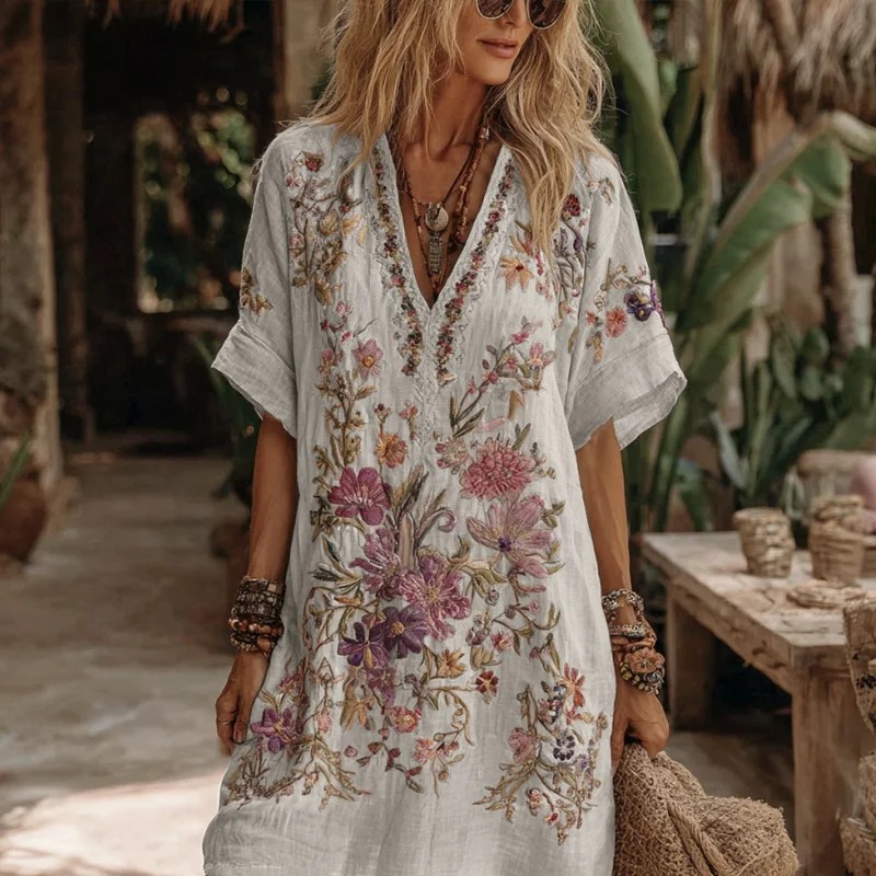 Women's Plus Size Floral Daisy Print V-Neck A-Line Short Dress