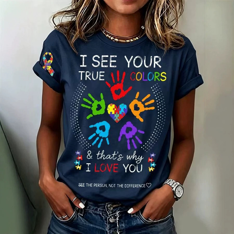 Blue Autism Puzzle Hand Letter 3D Print Crewneck Women's Short Sleeve T-Shirt