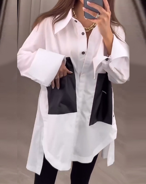 Women's Colorblock Button-Up Loose Fit Top with Lapel Collar