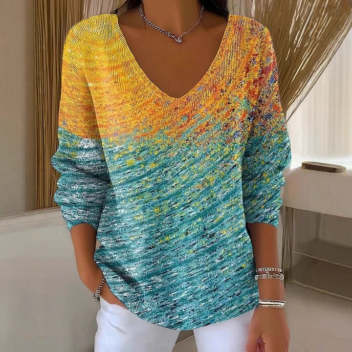 Skull & Flower Print V-Neck Long-Sleeve Women's T-Shirt
