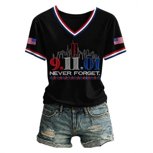 Women's 911 Twin Towers Explosion Print Short Sleeve V-Neck T-Shirt