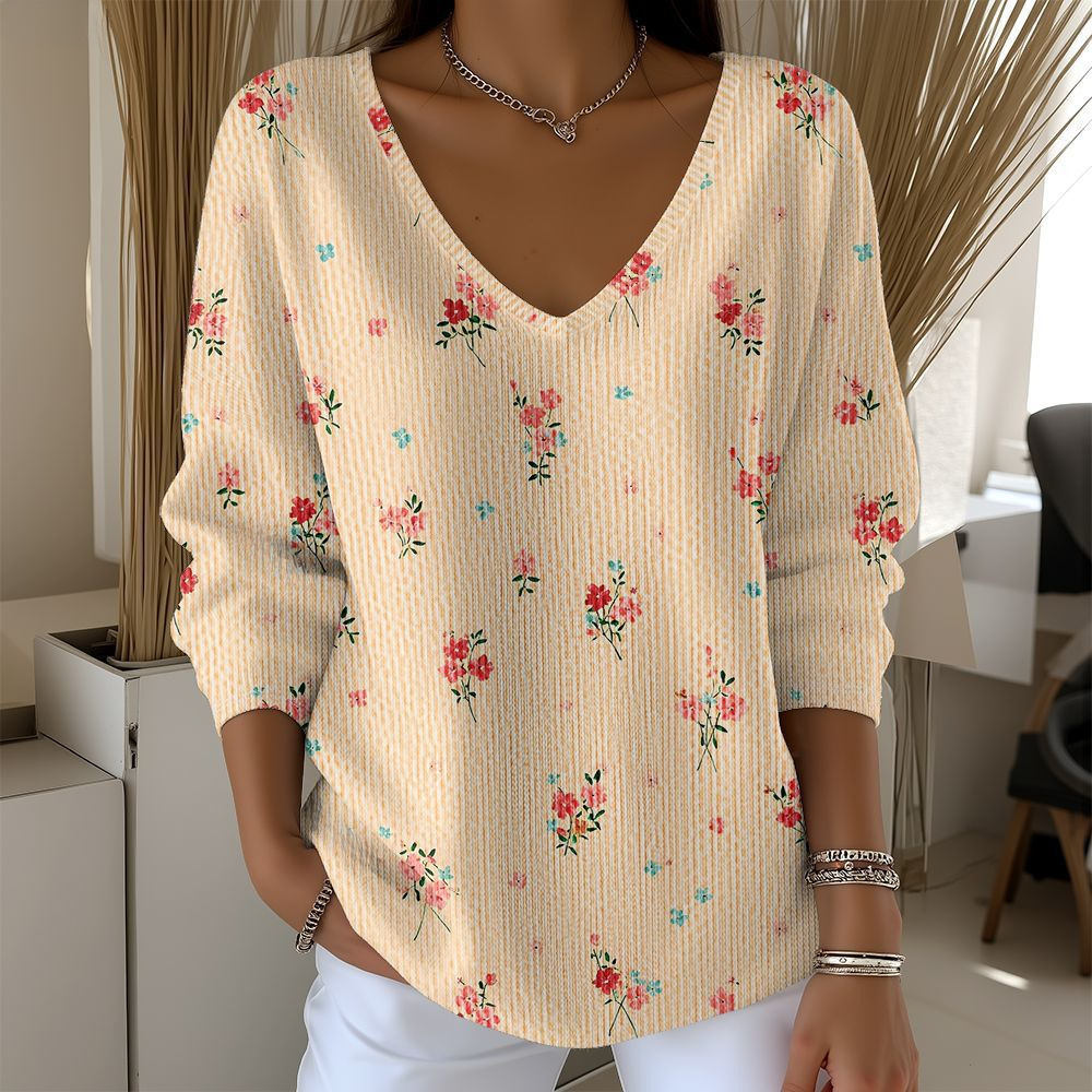 Women's V-Neck Long Sleeve T-Shirt with Animal & Plant Digital Print