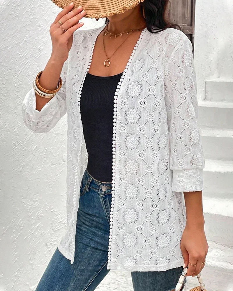 Women's Open-Front Lace-Trim 3/4 Sleeve Blouse