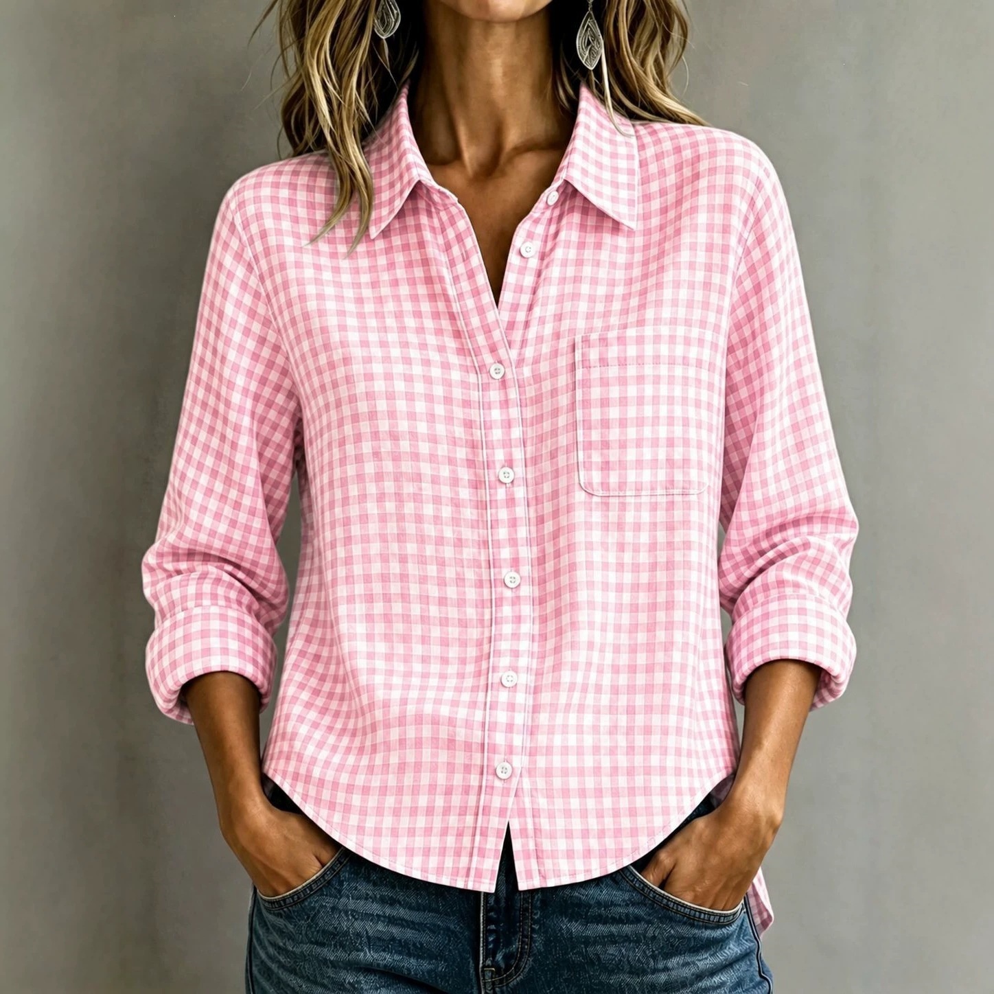 Women's Plaid Long Sleeve Button-Front Shirt Loose Fit