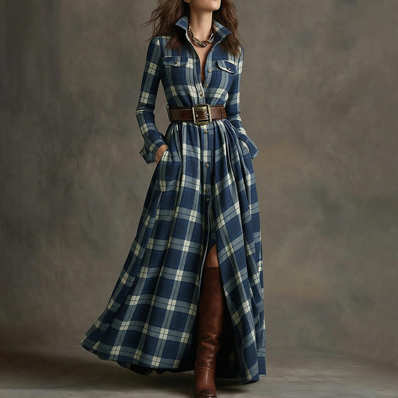 Artistic Retro Plaid Long Dress with Pockets
